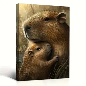 1 Piece Capybara Mother and Animal Portrait Canvas Wall Art - 11.8x 15.7inch Wooden Frame Reusable Modern Home Decor, Suitable for Bedroom, Living Room, Animal Enthusiast Gift