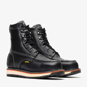 FRONTIER DUAL 8" MOC TOE Work Boot - Black Leather Round Toe Laces Closure Winter Plain Pattern Comfortable Wedge Outsole