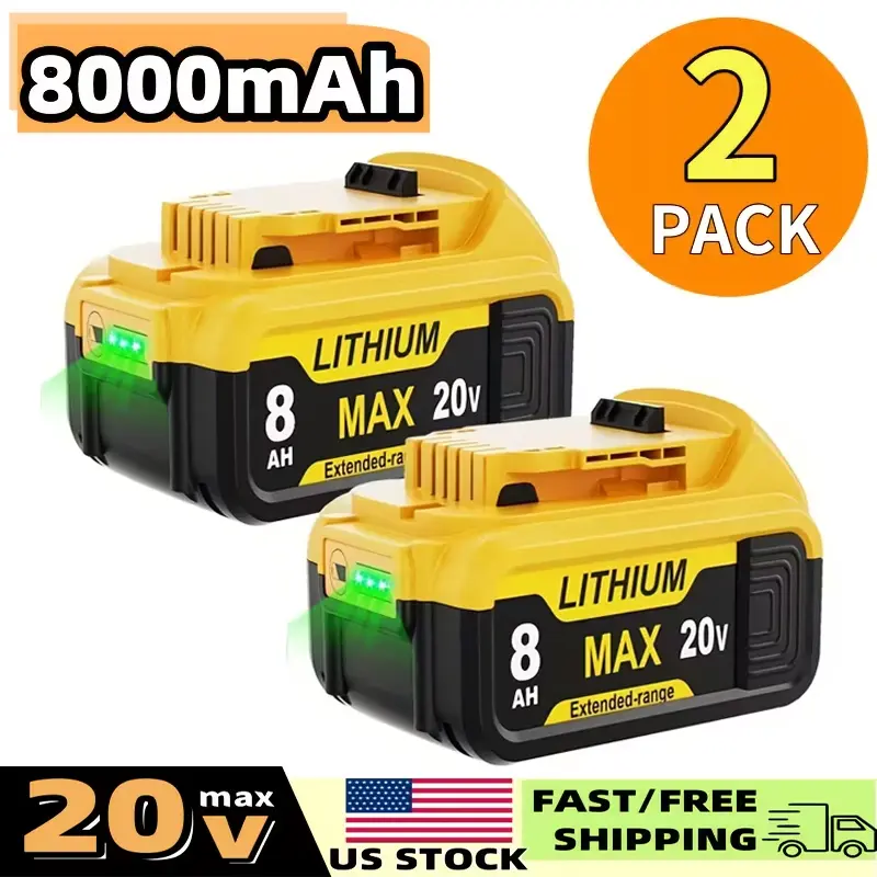 2-Pack 8.0Ah Lithium Ion Battery Replacement for Dewalt 20V Max Cordless Tools, Compatible with Dewalt DCB206, DCB204, DCB200 Power Tools