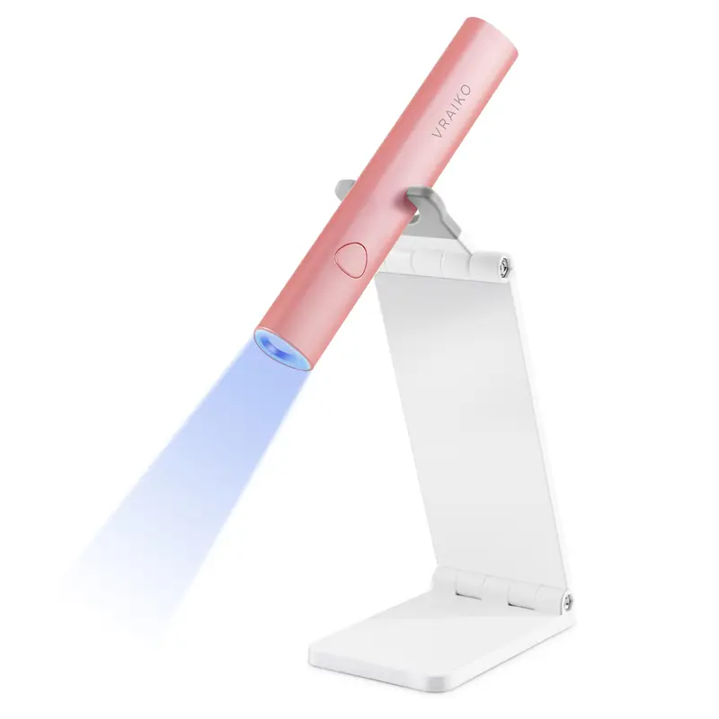 VRAIKO Rechargeable Handheld UV Nail Lamp - 5.29oz Compact Efficient Portable Nail Care Tool with Stand, 20s Mode Fast-Curing Light for Adults' Manicure, Pink Cuticles (1 Lithium Ion Battery Required)