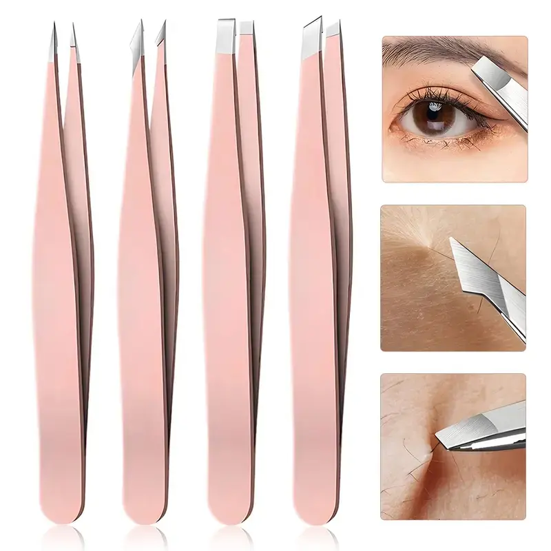 Unisex 4-Piece Precision Stainless Steel Cosmetic Tweezers Kit - Professional Makeup Tools with Angled-Tip, Pointed, Whitehead-Removing Tips - Eyebrow Shaping Tool for Facial Grooming