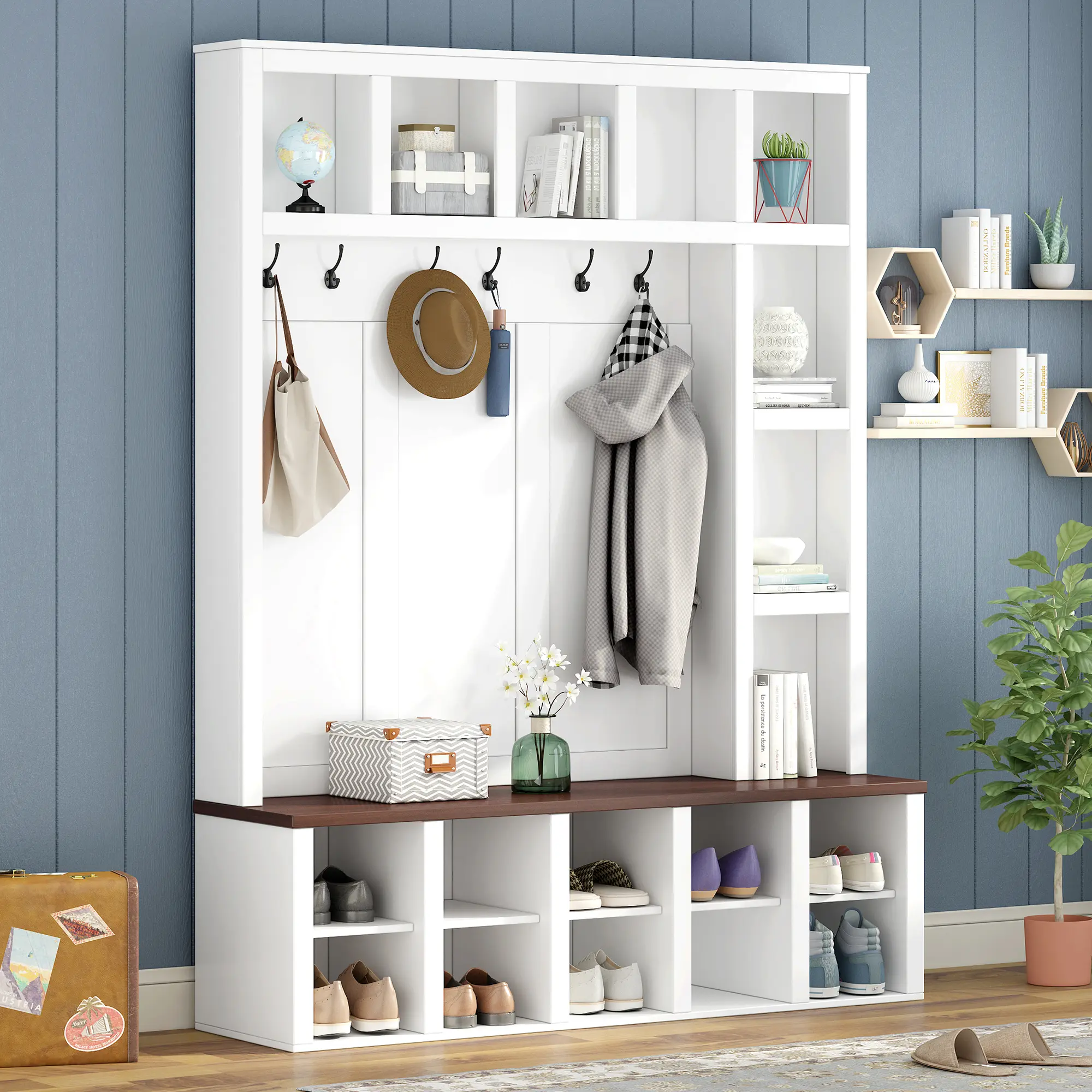 Farmhouse Wooden Hall Tree Coat Rack with 6 Hooks, Walnut Storage Bench with Adjustable Shelves, 4-in-1 Entryway Shoe Cabinet with Cubbies for Mudroom, Living Room, White, 76.7"H, Living Room Table for Sofa Side, Bedroom, Office