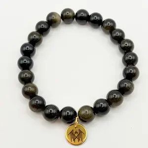 Black and gold obsidian bead bracelet stack with ST sigil gold charm