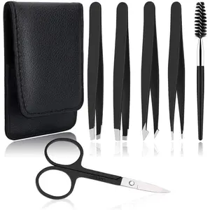 6 PCS Professional Tweezers Set - Stainless Steel Precision Tweezer Kit for Eyebrows, Facial Hair, Ingrown Hair & Splinter Removal with Travel Case (Black)