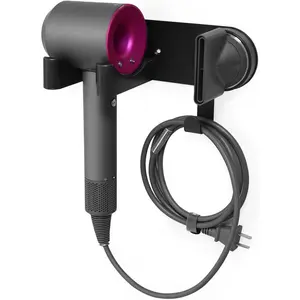 Wall-Mounted Hair Dryer Holder, Adhesive Blow Dryer Craddle, Hairdryer Cable Storage Organizer, Hair Tool Holder for Vanity, Aluminum&ABS (Black)