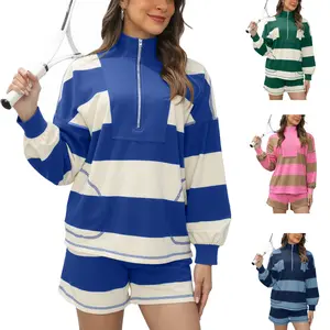 UANEO Women's Oversized Tracksuit Set – Striped Long Sleeve Top & Shorts with Pocket, Breathable & Stretchy Sportswear for Workout & Lounge