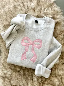 Pink Gingham Applique Bow Grey Sweatshirt