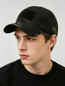 Men's Black Multicam Tactical Baseball Cap with Velcro Patch Panel, Ripstop Camouflage Military Hat for Hunting