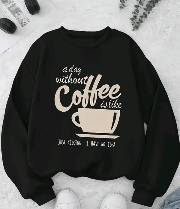 Coffee Print Sweatshirt, Long Sleeve Crew Neck Casual for Women, Cute Graphic Trendy Streetwear Fashion Top for Spring & Fall Womenswear Crewneck