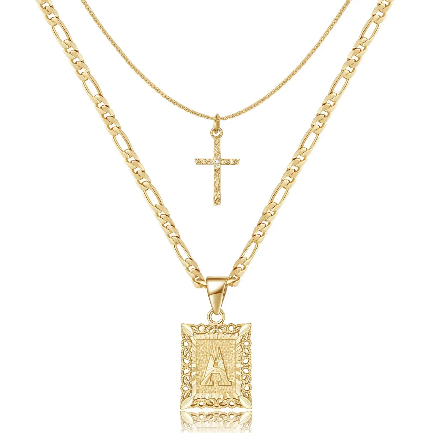 Rexviao Women's 2-Piece Custom Name & Cross Set - 26-Letter Square Tag Name Necklace, Cross Necklace for Women, Memorial Gift for Mom, Cross Necklace Women