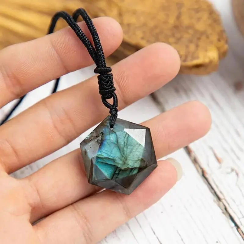 Boho Natural Labradorite Crystal Stone Charm Pendant Necklace - 0.8*2 Inch Adjustable Handmade Comfortable Amulet, 24 Inches Easy to Match Neutral Look Jewelry for Adults, Daily Wear Gift for Her