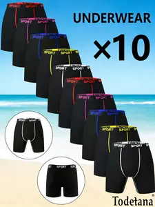 10 Packs Men’s Stretchy Boxer Briefs, Casual Slim Fit Breathable Moisture-Absorbing Underwear for Daily Wear, All Seasons Athleisure Menswear with Solid Color & Letter Tape Design, Ideal Christmas Gift