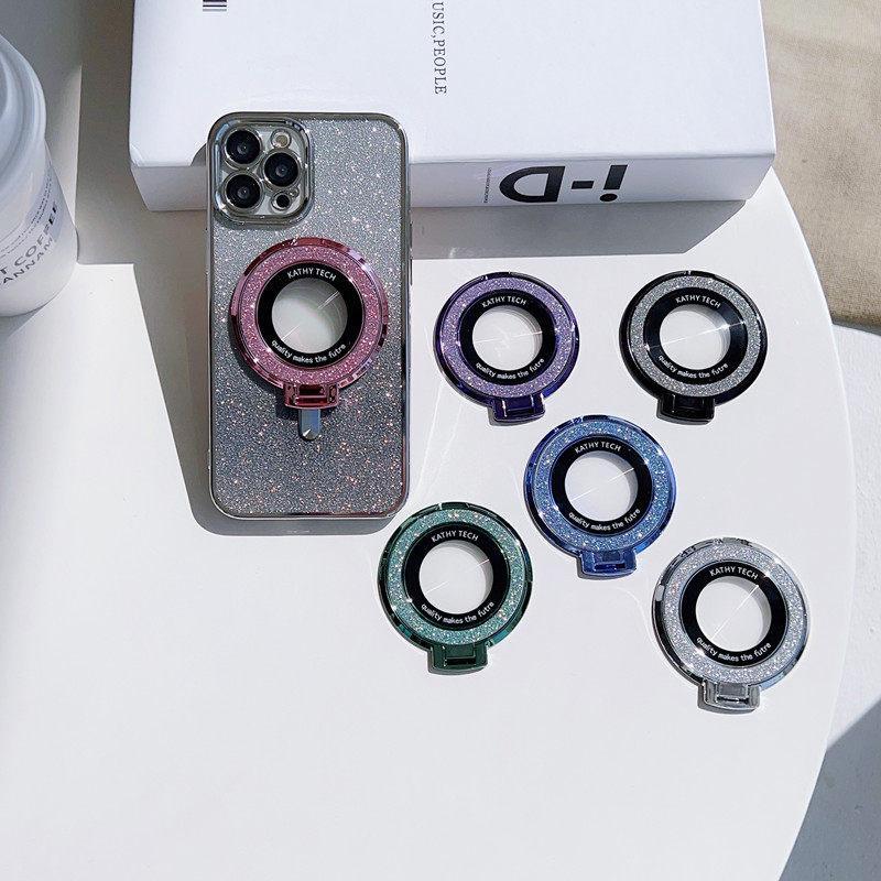 360-Degree Rotating Rhinestone & Glitter Mirror Stand — Universal Mobile Phone Holder, Desktop Support Ring, Adhesive Back Stand.