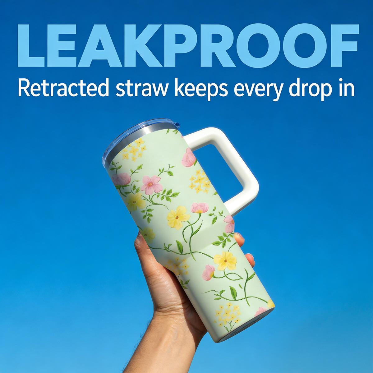 Floral Bloom 30 oz Travel Mug, Sunkissed Yellow & Pink Wildflower Print on Pastel Green, Ambidextrous Lid with Handle, Triple-Wall Insulated Iced Coffee Cup for Summer Road Trips special edition