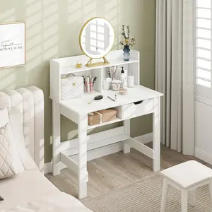 GOFLAME Writing Desk with Hutch & Drawer, Modern Computer Desk with Charging Station USB & Type C Port, Cable Hole, Home Office Desk with Storage Shelves for Study Room Bedroom, White
