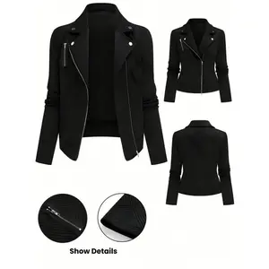 Women’s textured fabric moto jacket with collar, zip-up casual motorcycle coat—stylish ladies outerwear for spring and fall seasons
