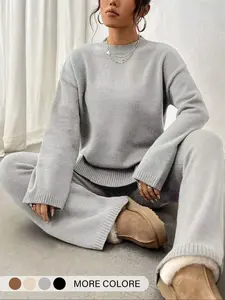 Women's Comfortable Soft Round Neck Sweater Long Sleeve Straight Leg Pants Set Outfit, Basic Casual Fall Winter Knitwear Womenswear