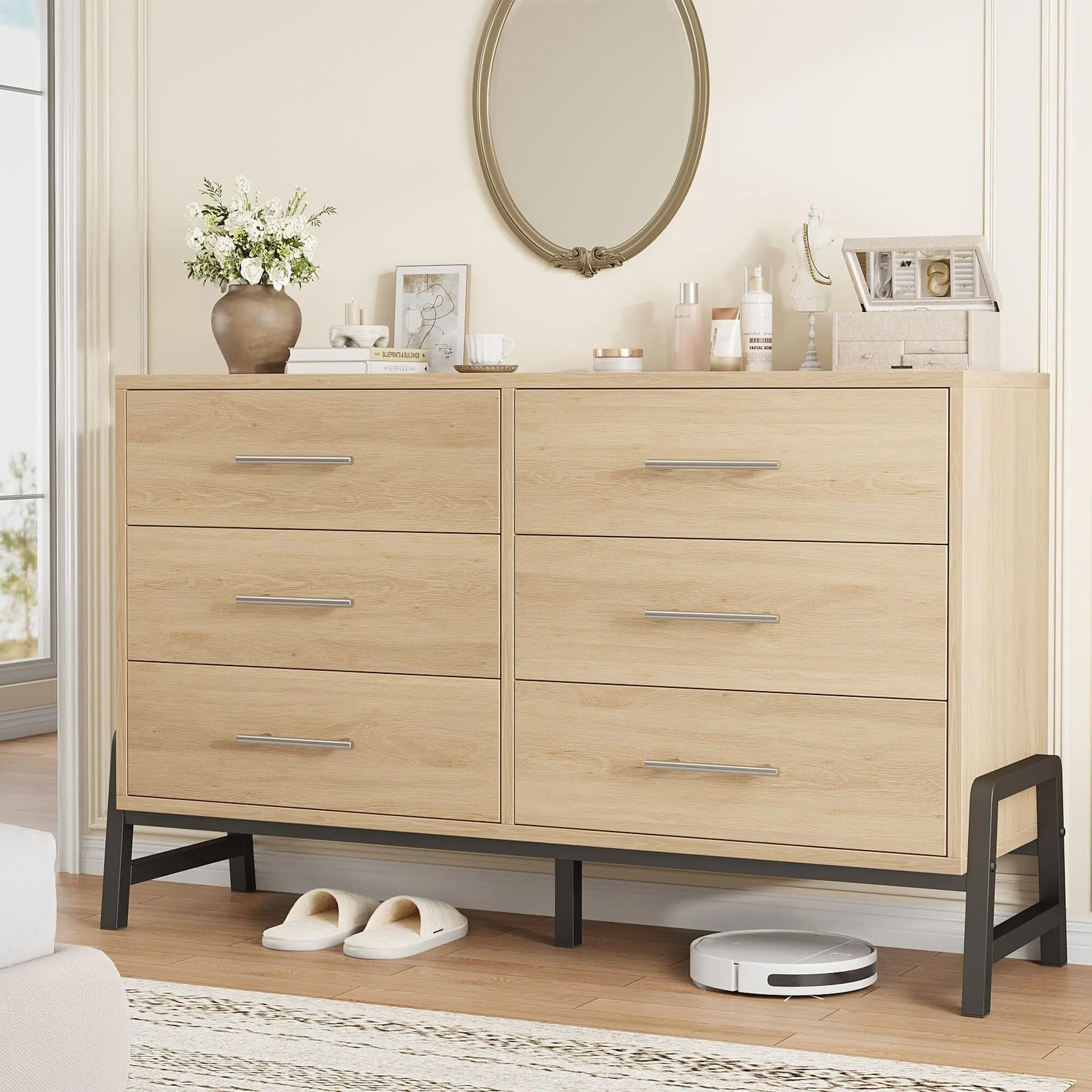 52in Wide Yellow 6-Drawer Wood Storage Chest Dresser with Deep Drawers, Sturdy Legs, Wooden Construction, Freestanding Organizer for Bedroom, Living Room, Drawer Cabinet, Modern Wood Dresser
