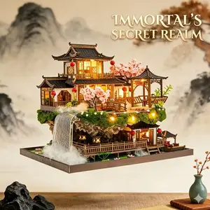 DIY Book Nook Kit, 3D Wooden Puzzle Miniature House with LED Light, Chinese Immortal Realm Style Bookshelf Insert Decor, Creative Gift for Adults & Teens (Fairyland)