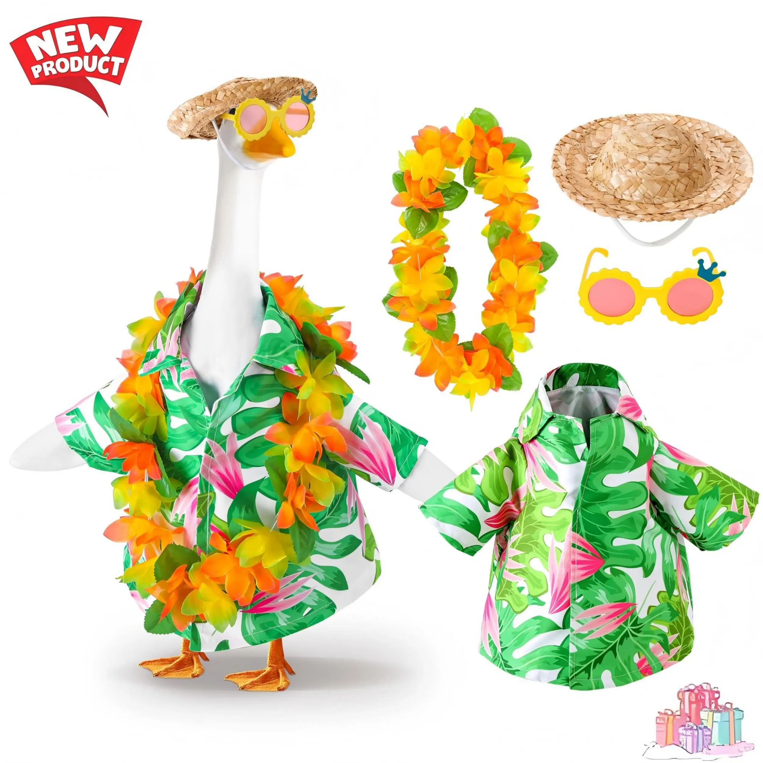 4 Pcs Hawaiian Porch Goose Outfit Set - Straw Hat, Glasses & Hawaiian Wreath | Summer Lawn Goose Costume for 23" Goose Statue | Patio Garden Decoration (Goose Not Included)