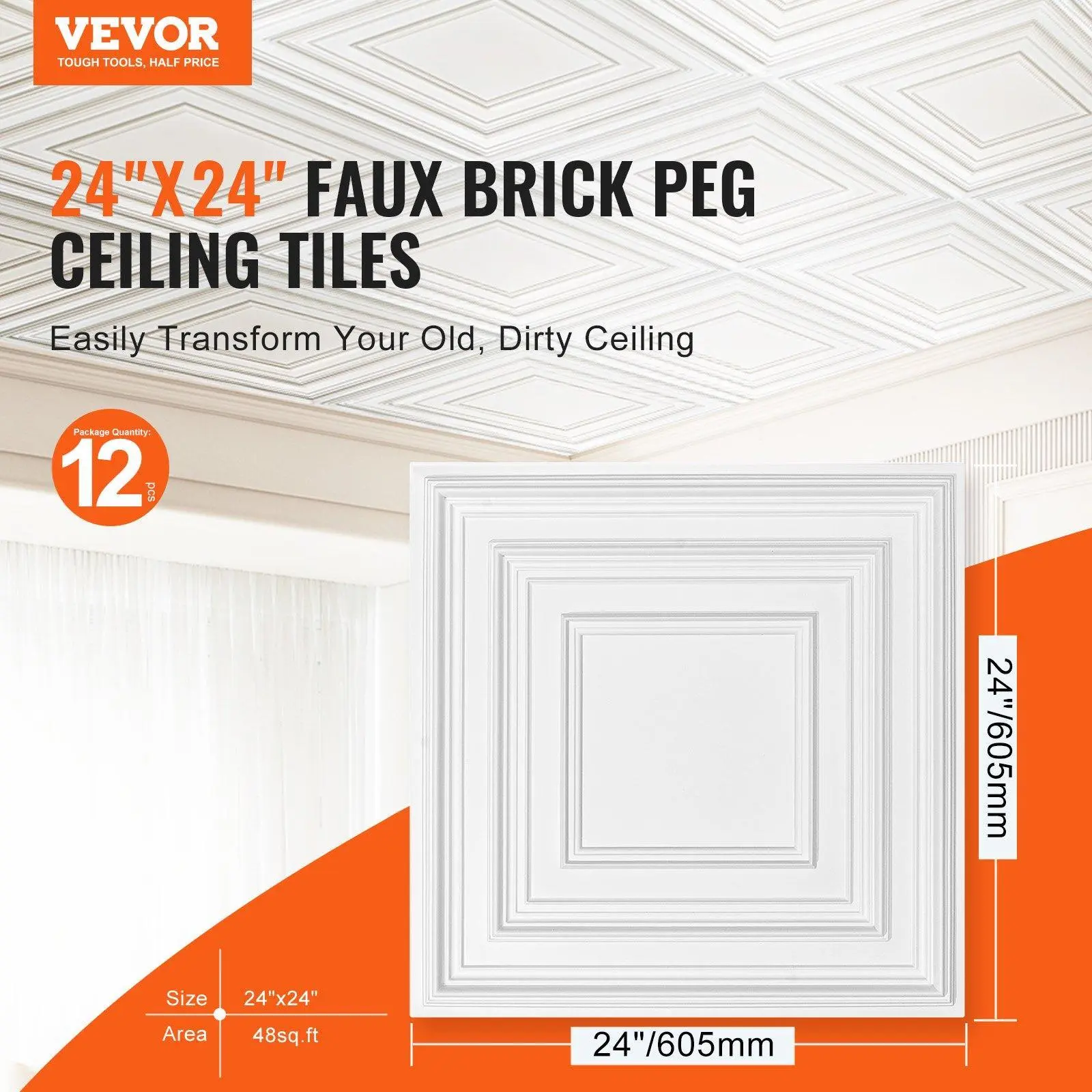 VEVOR Self-Adhesive PVC Suspended Ceiling Tiles, 12 Pcs 24"x24" White Peg Design, 0.02in Thin Profile, Fireproof 3D Textured Design, Recyclable Modern Elegant Easy-Install Interior Building Supplies - Father's Day Gift, Contemporary