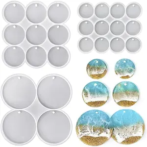 25-Cavity Set of Large Medium Small Shiny Flat Circle Silicone Mold, Drilled Round Earrings Pendant Mold for Keychain Pet Tag Resin Mold