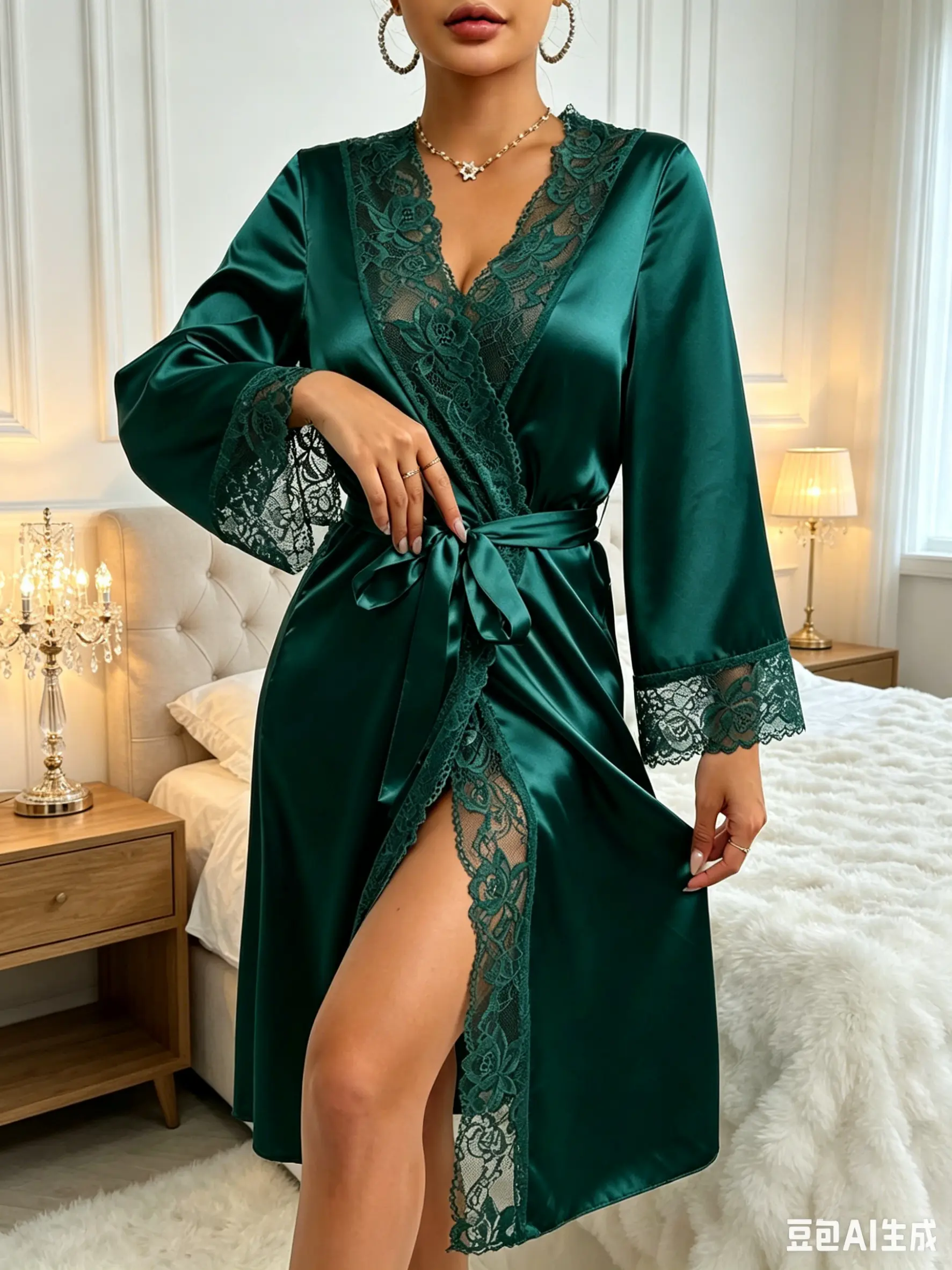 Women's Elegant Lace Patchwork Bridal Robe - Solid Color Sexy Nightgown, Fitted Women's Nightwear Loungewear, Elastane, Plain, Polyester Blend, Patchwork Lace, Deep V, Bridal Robe Look
