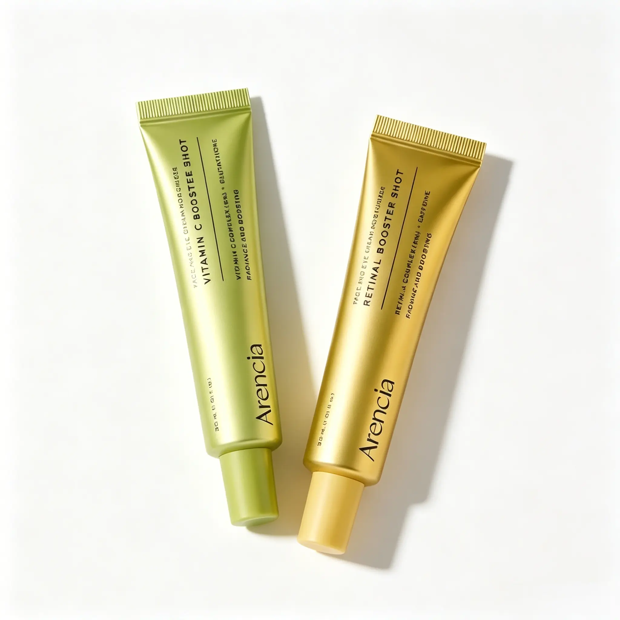 New Arencia Booster Shot Skin Renewal Duo with Vitamin C and Retinal offering a dual day and night regimen to brighten the complexion diminish dark spots firm fine lines provide deep hydration