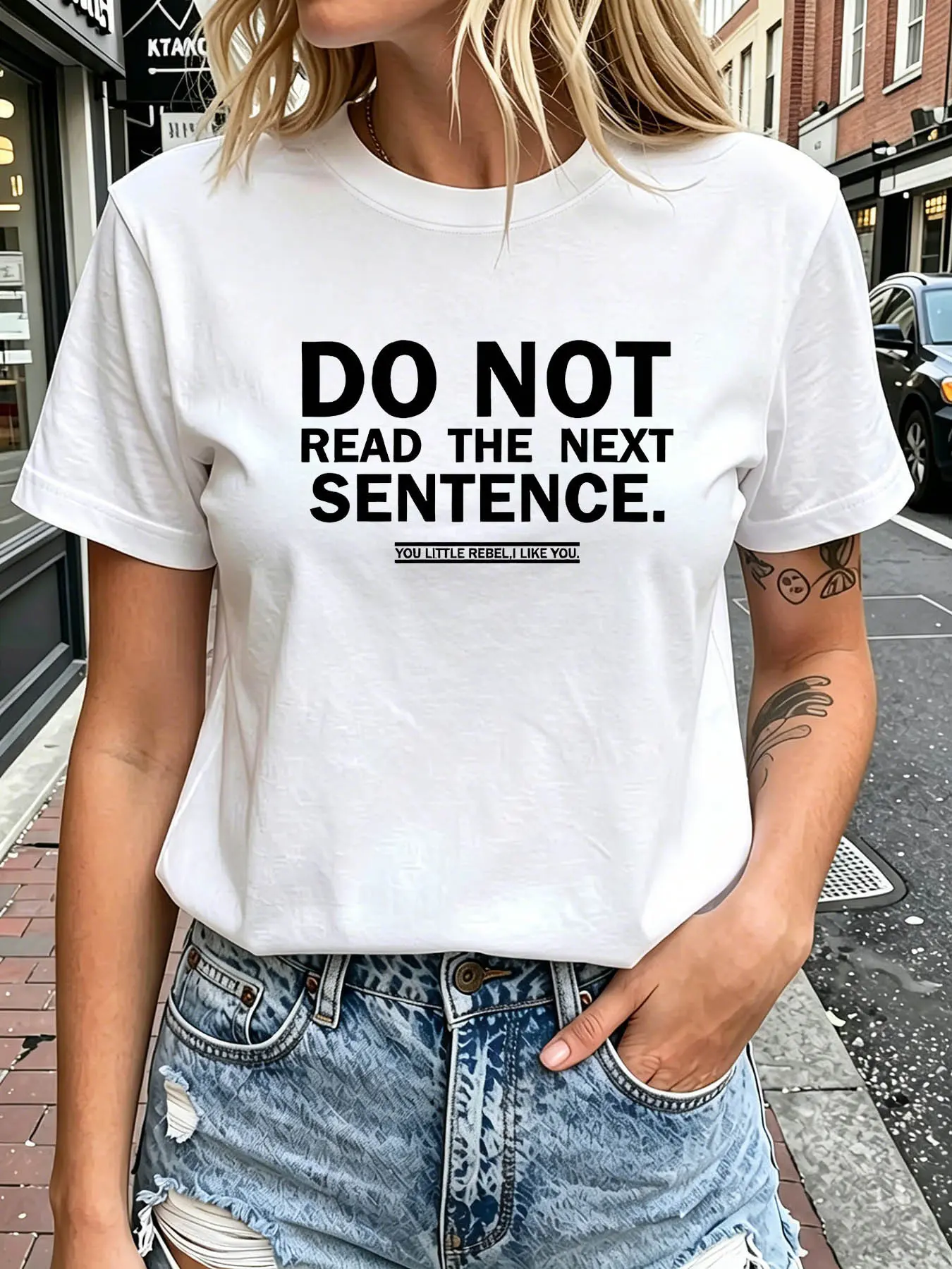 "Reverse Psychological Warfare" Terrier DO NOT READ THE NEXT SENTEN.YOU LITTLE REBEL, I LIKE YOU Text Printing Large Size Women's Crew Neck Spring and Summer Fashion Casual Comfort T-Shirt Short Sleeve