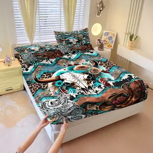 3Pcs Western-Themed Fitted Sheet Set, Vibrant 'Howdy' Bull Skull & Floral Design,Red & Black Patterns, Perfect for Bohemian Style Bedroom Decor, Comfortable & Unique Bedding, Lncludes 1 Fitted Sheet, With 2 Coreless Pillowcases, Boho Fitted Sheet