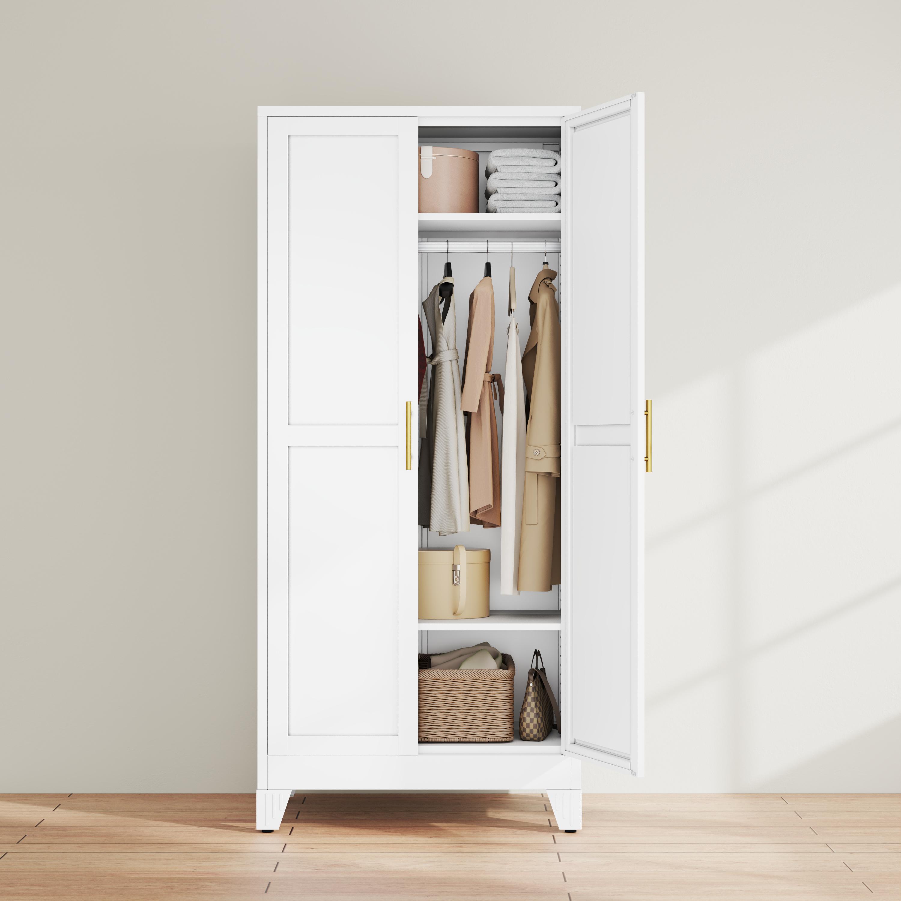 Metal Armoire Wardrobe Closet with 2 Doors, Freestanding Bedroom Clothing Storage Cabinet with Adjustable Shelves & Hanging Rod