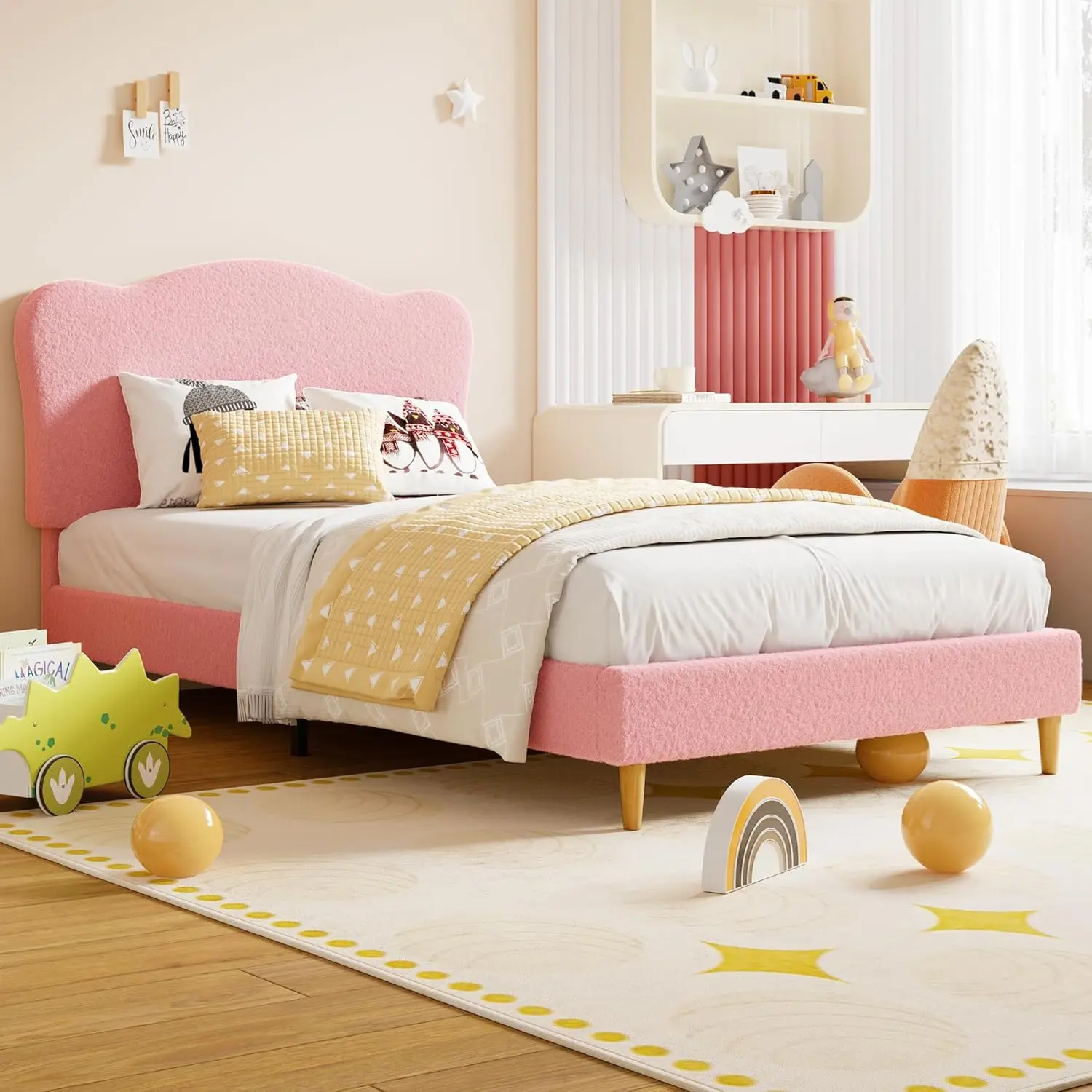 Gaomon Blush Pink Twin-Size Upholstered Platform Bed Frame - Kids Furniture Bedroom Princess Bed, Cute Velvet Headboard, Slatted Base, No Box Spring Needed, Squeak Resistant Wooden Slats