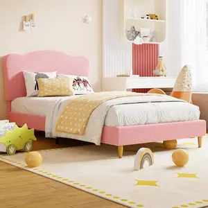 Gaomon Pink Twin-Size Velvet Upholstered Platform Bed Frame for Kids, Cute Headboard, Wooden Slats, Sound-Free, No Box Spring Needed
