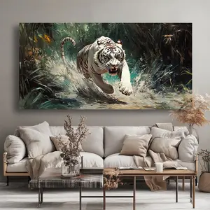 Eye-catching running tiger canvas wall art - modern abstract painting with vivid green leaves and splashing water, framed home decor for living room, bedroom, office, kitchen or bathroom, bedroom wall art |   nature style art |   wooden frame art