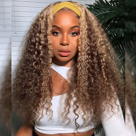PUNMASA Female 4/27 Ombre Highlight Curly 100% Real Human Hair Headband Wig - Full 150% Density Thick 12-24 in Real Hair Wigs, Non-Lace Front, Adjustable Straps, 4/27 Curl Hold