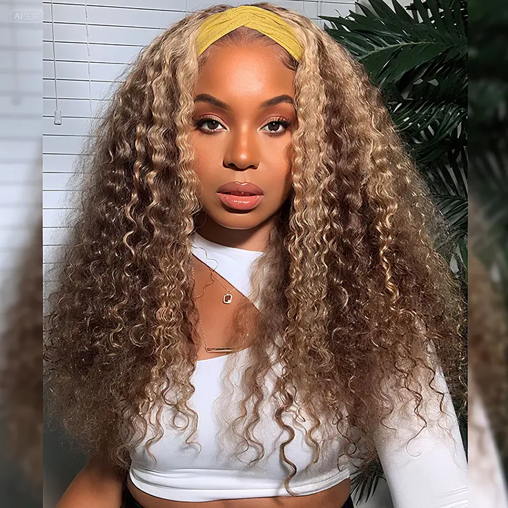 PUNMASA Female 4/27 Ombre Highlight Curly 100% Real Human Hair Headband Wig - Full 150% Density Thick 12-24 in Real Hair Wigs, Non-Lace Front, Adjustable Straps, 4/27 Curl Hold