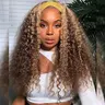 PUNMASA Female 4/27 Ombre Highlight Curly 100% Real Human Hair Headband Wig - Full 150% Density Thick 12-24 in Real Hair Wigs, Non-Lace Front, Adjustable Straps, 4/27 Curl Hold