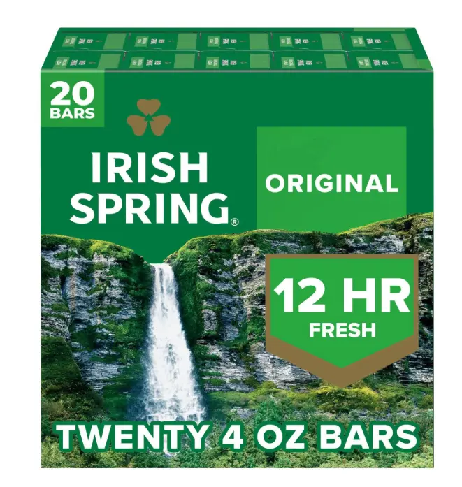 Irish Spring Original Clean Deodorant Bar Soap for Men, 4oz (20 Bars), Refreshing Scent, Larger Size, Flaxseed Oil, Glycerin, Fragrance, Green 3, Clean and Fresh Feeling