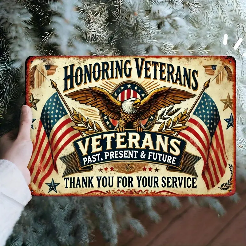 1pc Vintage Metal Tin Sign - Patriotic Military Veterans Tribute Wall Art with American Flag, Eagle Birds Design, 12x8in Durable Retro Home Decor, Collectibles for Farmhouse, Thank You for Your Service Veterans Day Memorial Gift