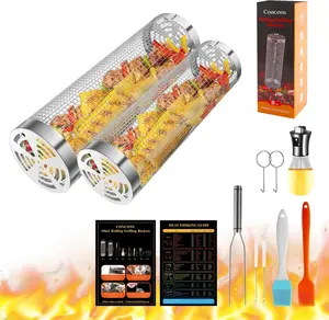 Grill Basket 2 PCS, Rolling Grill Baskets for Outdoor Grill, Grilling Accessories, Stainless Steel BBQ Net Tube Baskets with Oil Sprayer for Veggies, Shrimp, Grilling Gifts for Men