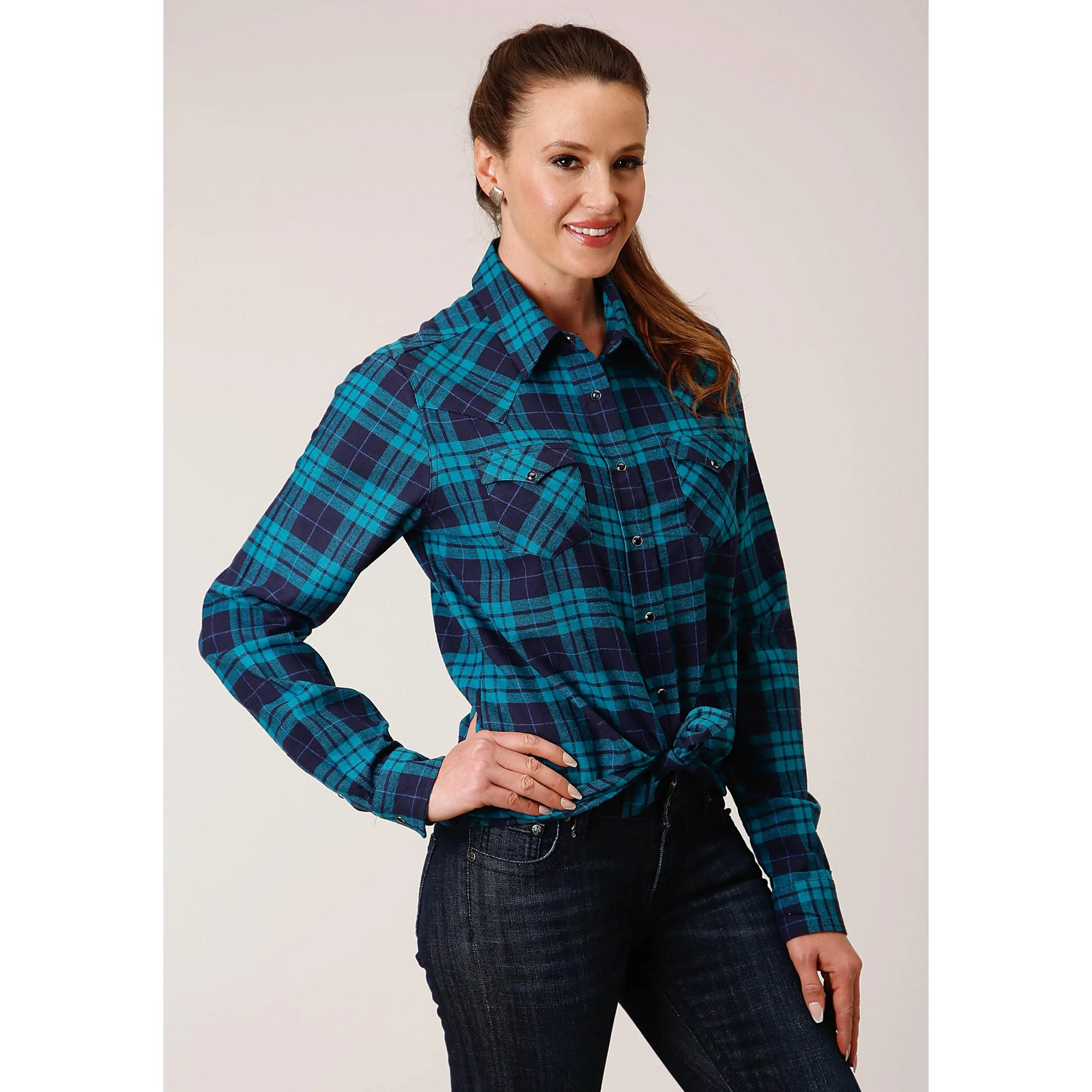 Womens Long Sleeve Snap Turquoise Navy Plaid Unlined Flannel Shirt Western