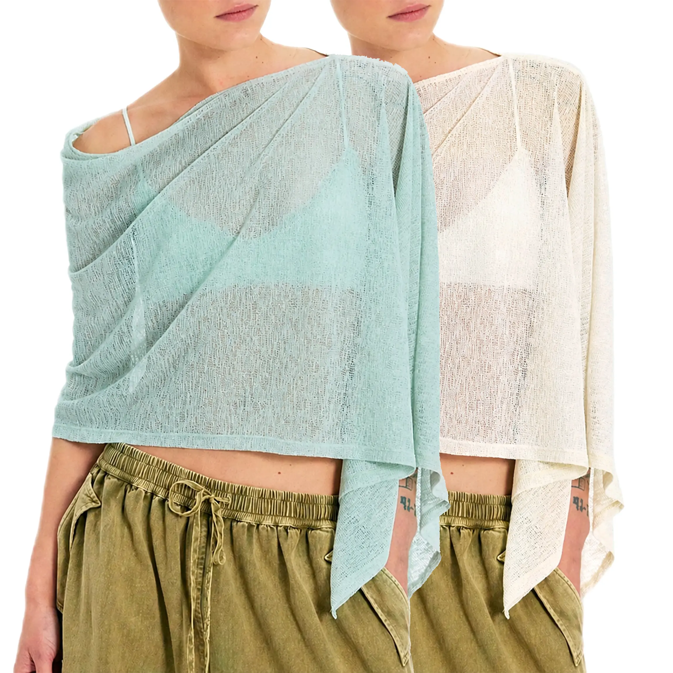 Buenoble Women’s Sheer Knit Poncho Cover Up Top, Boho Asymmetrical Beach Crochet Shirt, Lightweight Summer Layering Blouse