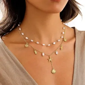 14K Gold Plated Shell Charm Necklace for Women, Layered Seashell Pearl Starfish Pendant, Summer Boho Beach Jewelry Gift
