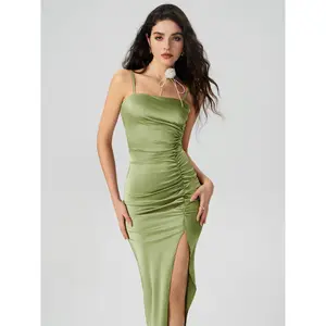 Cider Solid Satin Ruched Split Midi Cami Dress