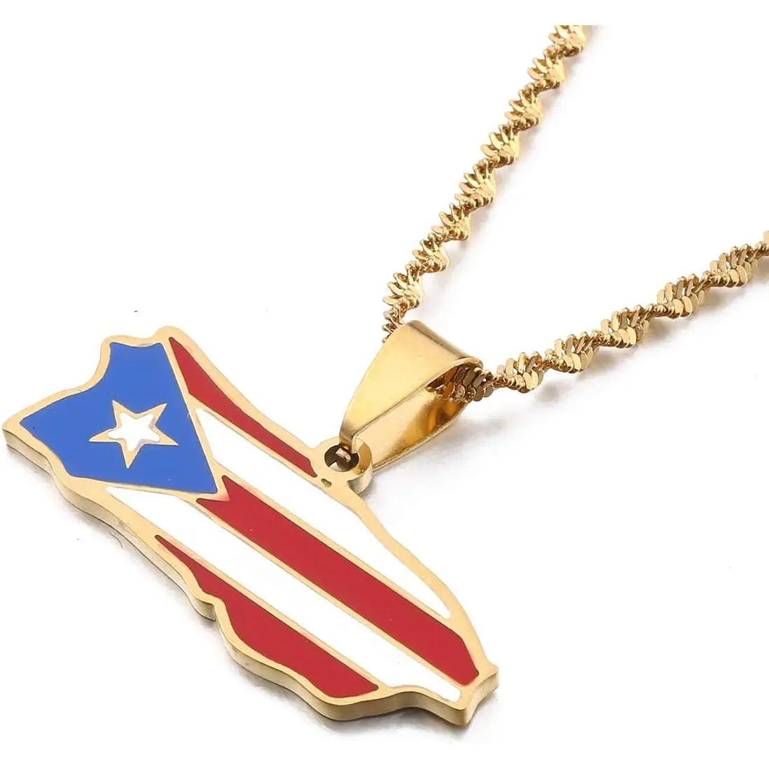 Puerto Rico Map Pendant Necklace for Women, Gold Plated Enamel Cuban Rope Chain, Hypoallergenic Tarnish-Resistant Boricua Pride Gift