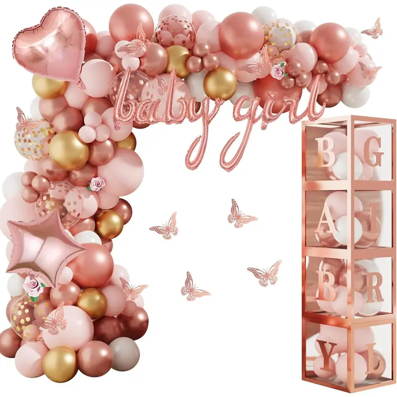 134pcs Rose Gold Balloons Baby Shower Decorations Girl Boxes Butterfly Stickers Garland Arch Kit Baby Box Letter A-Z Baby Women Birthday Bridal Party