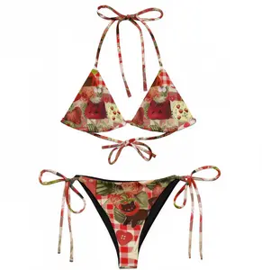 Women Strawberry Cat Cottagecore Bikini Set Cute Plaid Fruit Print Halter Triangle Top Tie Side Swimsuit Comfy Summer Beach Vacation Sunbathing Aesthetic Kawaii Swimwear