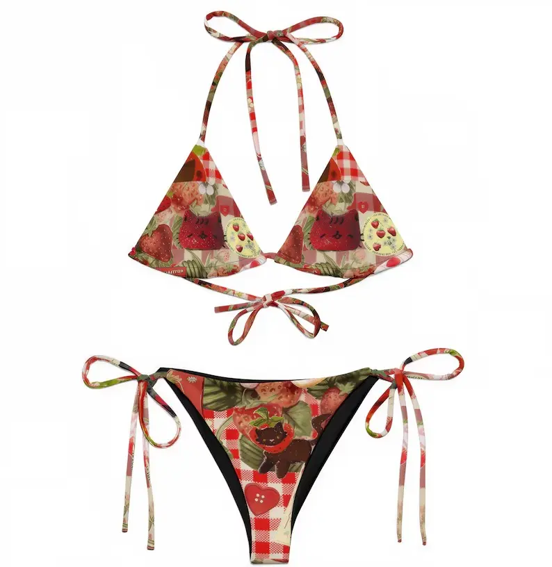 Women Strawberry Cat Cottagecore Bikini Set Cute Plaid Fruit Print Halter Triangle Top Tie Side Swimsuit Comfy Summer Beach Vacation Sunbathing Aesthetic Kawaii Swimwear