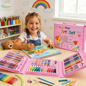 art supplies for kids, 208-Piece Drawing Art Kit,Give gifts to boys and girls, Art Set Crafts Case with Double Sided Trifold Easel, Includes sketch book for kids, Crayons, Colored Pencils (Pink)