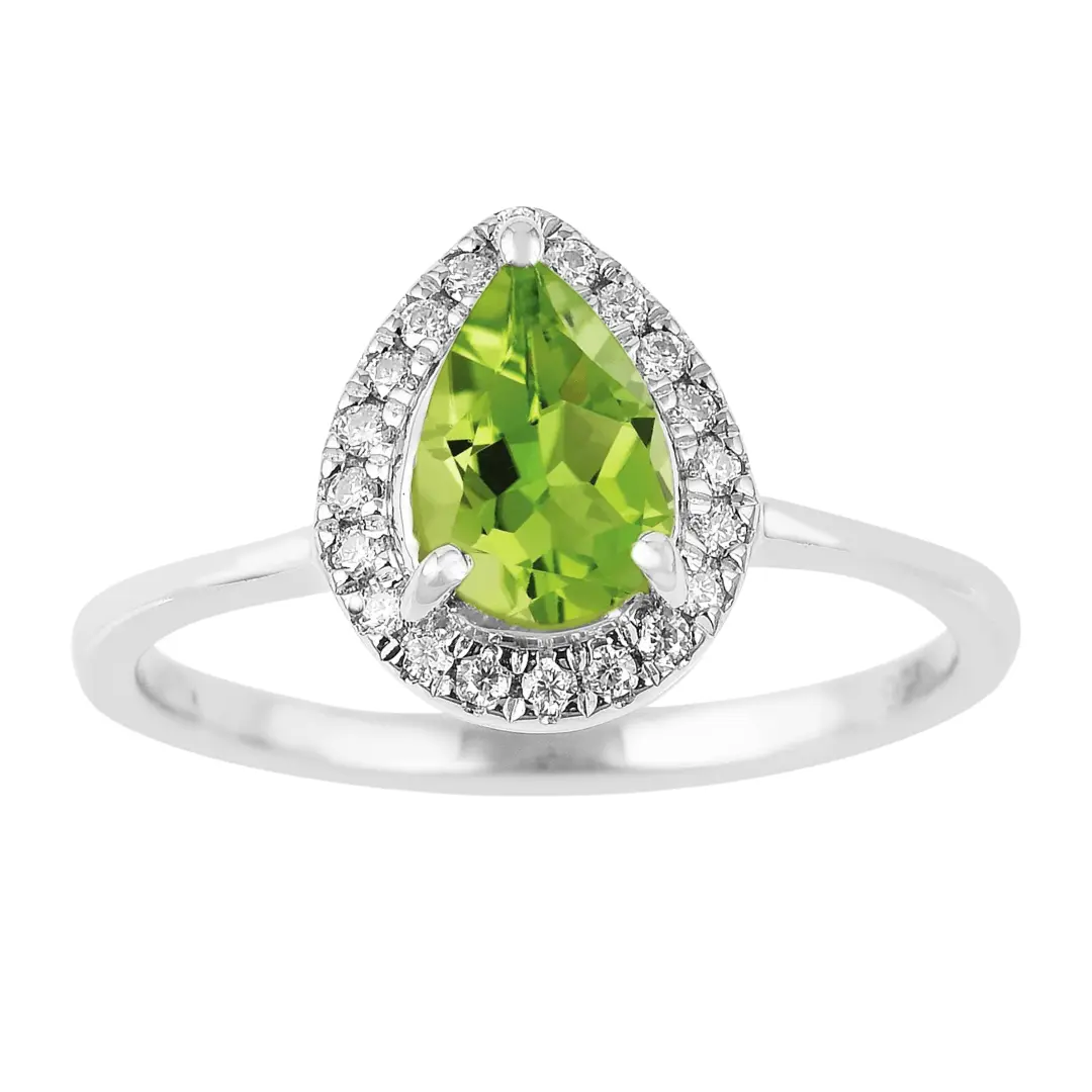 0.97 Ct Pear Green Peridot and Moissanite Prong Silver Halo Engagement Ring